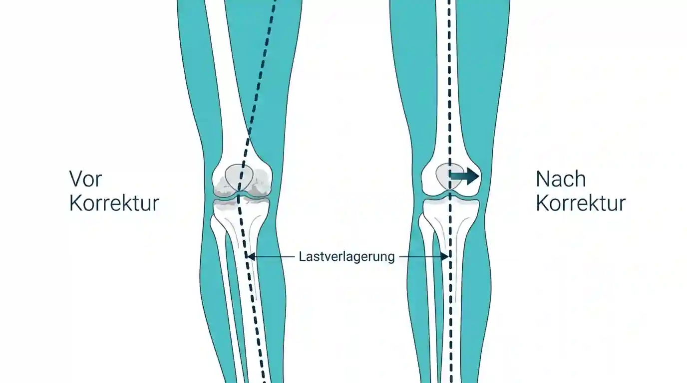 Belastungsachse vor und nach HTO-Korrektur – schematische Darstellung der Umstellungsosteotomie