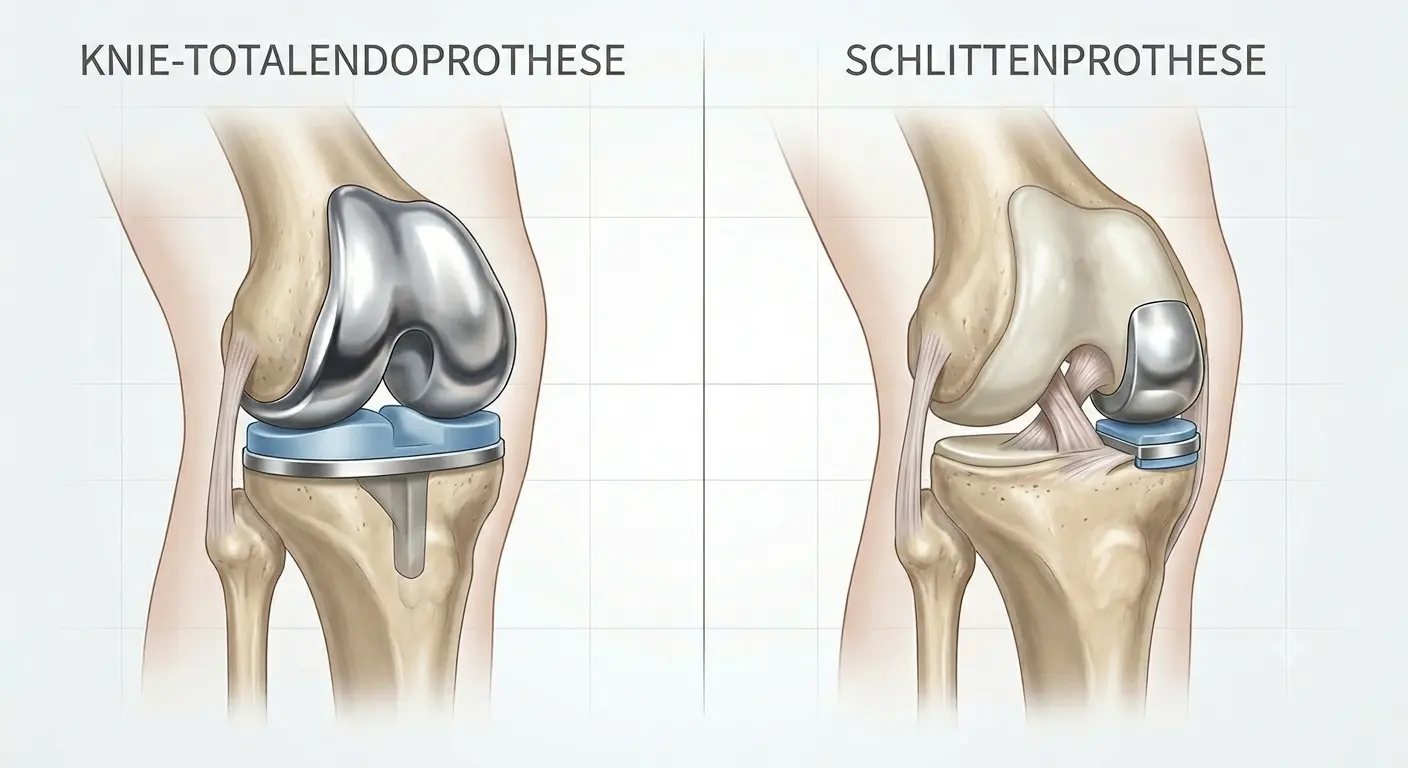 Vergleich Totalendoprothese und Schlittenprothese – schematische Darstellung